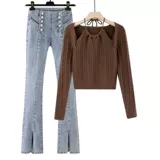 Комплект, трикотажный свитер, джинсы, осенний