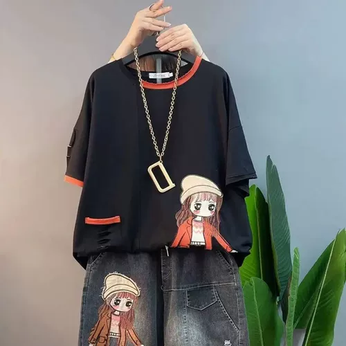 Комплект, футболка для отдыха, джинсы, большой размер, оверсайз, короткий рукав