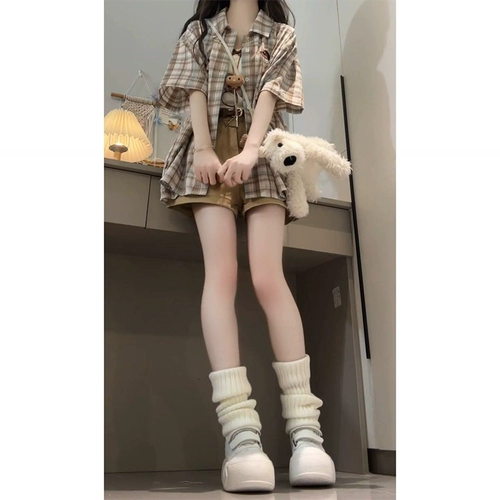 Летняя универсальная рубашка, шорты, комплект, в корейском стиле, эффект подтяжки, по фигуре, 3 предмета