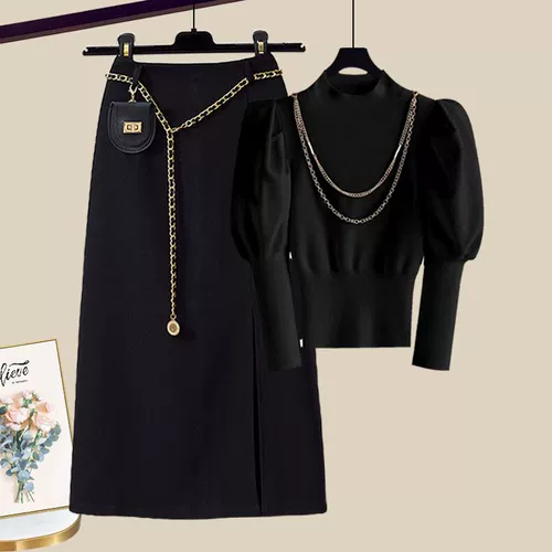 Комплект, трикотажный клетчатый свитер, юбка, большой размер, осенний, коллекция 2023, подходит для полных девушек