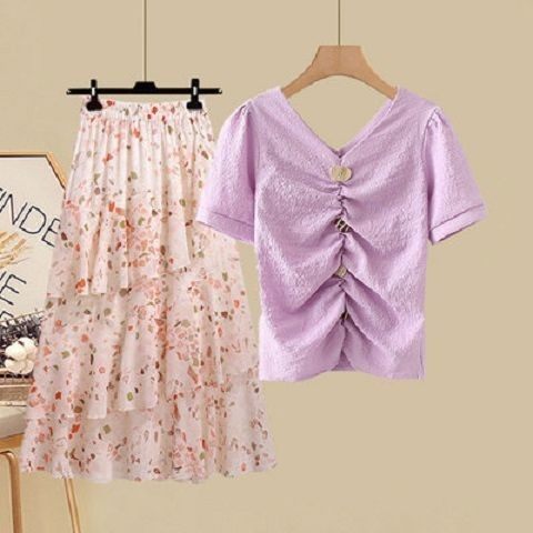 Large size women's clothing 2022 new summer suits women's fat mm thin shirt T-shirt floral skirt two-piece set