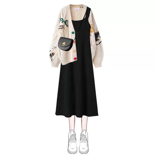 Осенний комплект, трикотажный кардиган, платье-комбинация, большой размер, подходит для полных девушек