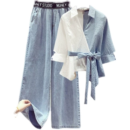 Летний комплект, рубашка, джинсы, 2024 года, имитация рубашки, по фигуре