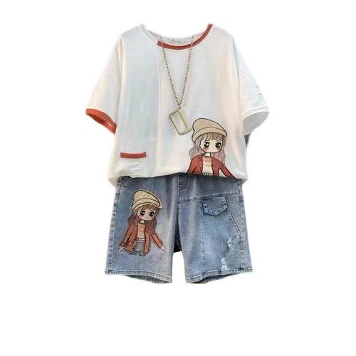 Комплект, футболка для отдыха, джинсы, большой размер, оверсайз, короткий рукав