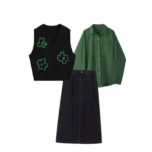 Осенний комплект, свежая трикотажная рубашка, жилет, джинсовая юбка, большой размер, свободный крой, 3 предмета