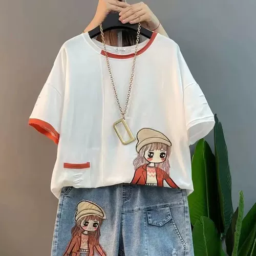 Комплект, футболка для отдыха, джинсы, большой размер, оверсайз, короткий рукав