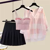 Весенний комплект, рубашка, юбка в складку, большой размер, защита от солнца, эффект подтяжки, плиссированная юбка, 3 предмета