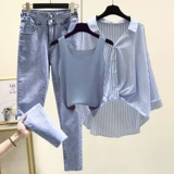 Весенний комплект, рубашка, модные джинсы, большой размер, подходит для полных девушек, эффект подтяжки, по фигуре, 3 предмета