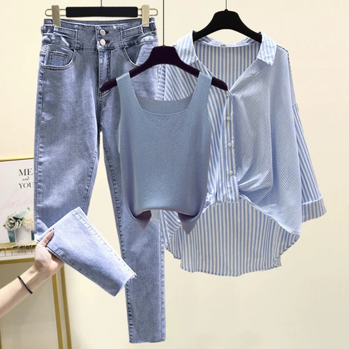 Весенний комплект, рубашка, модные джинсы, большой размер, подходит для полных девушек, эффект подтяжки, по фигуре, 3 предмета