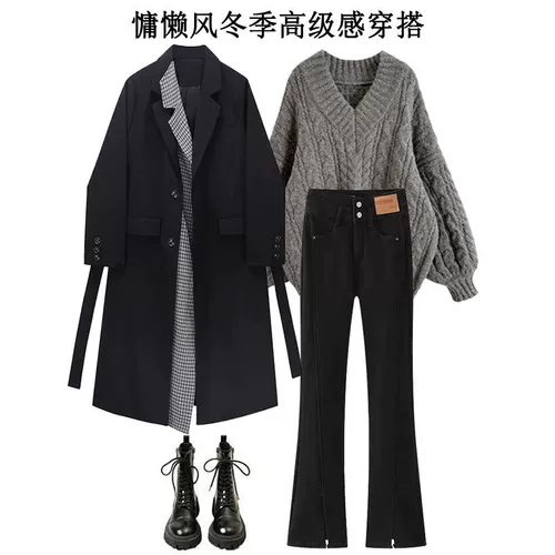 Зимний комплект, плащ, свитер, джинсы, большой размер, коллекция 2023, средней длины, 3 предмета