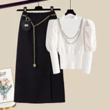 Комплект, трикотажный клетчатый свитер, юбка, большой размер, осенний, коллекция 2023, подходит для полных девушек