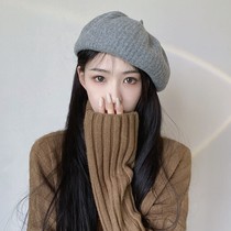 Grey Beret Hood Woman Autumn Winter Wool Art 100 lap pure color Han version retro fashion Temperament Warm Painter