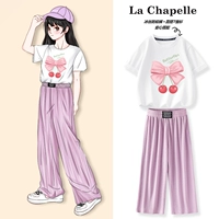 Сиреневые шелковые штаны с бантиком, хлопковая футболка, 100% хлопок