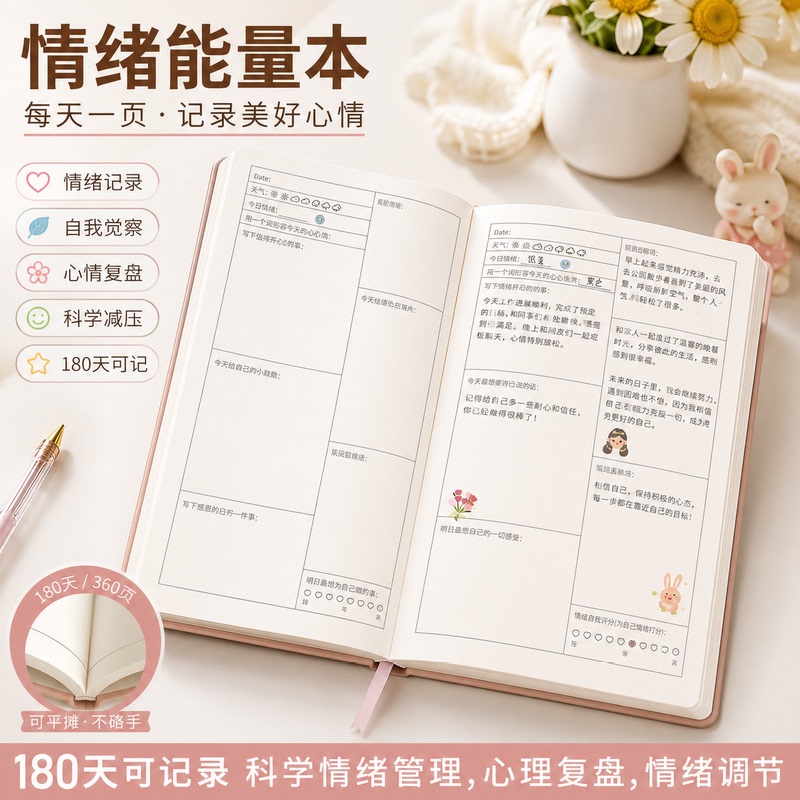 A5 Mood Journal Daily Mood Tracker Diary Can Be Spread Flat Soft Cover Thickened Stress-Relief Planner Self-Discipline