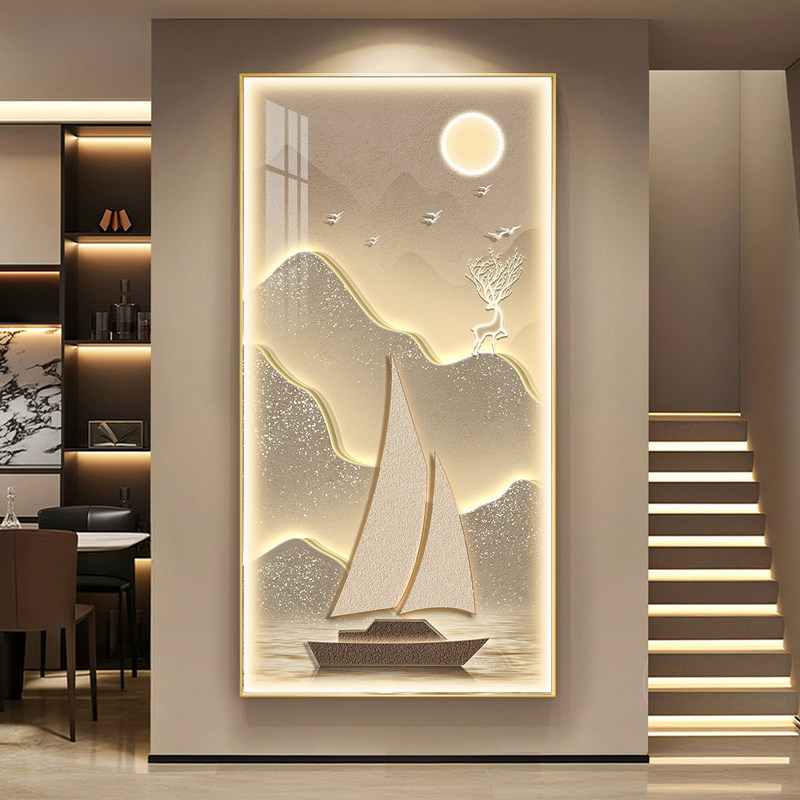 Smooth Sailing, Sun Shining over the Golden Mountains, Light Luxury Decorative Painting with Lights for Entryway, Hallway, and Corridor, High-End Wall Art Smooth Sailing, Sun Shining over the Golden Mountains, Light Luxury Decorative Painting with Lights for Entryway, Hallway, and Corridor, High-End Wall Art