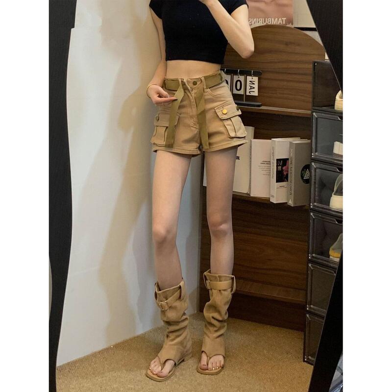 Khaki Belt Workwear Denim Shorts for Women 2026 Summer New High-Waisted Slimming Versatile A-Line Hot Pants Khaki Belt Workwear Denim Shorts for Women 2026 Summer New High-Waisted Slimming Versatile A-Line Hot Pants
