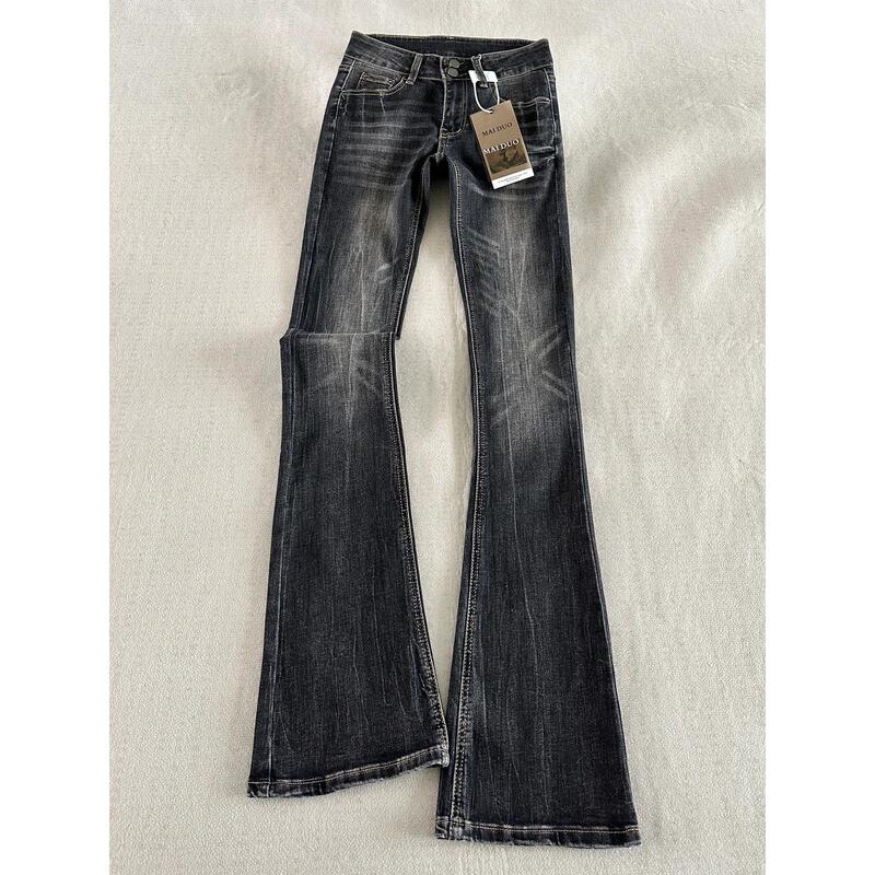 American Retro Black and Gray Low-Waisted Flared Jeans for Women 2026 Spring and Summer New Slim-Fit Whiskered Floor-Length Pants