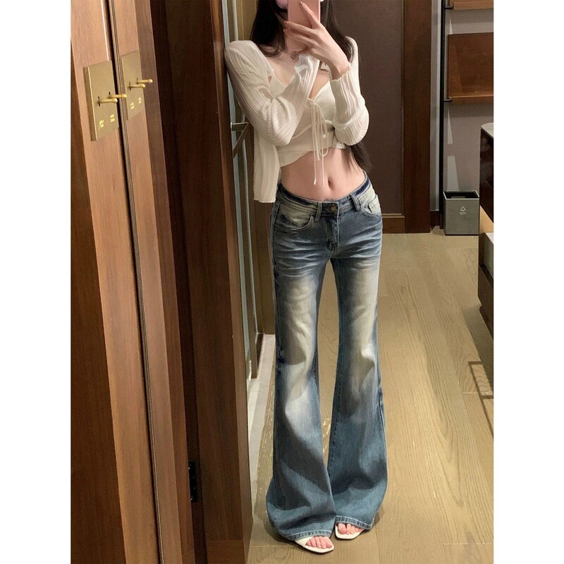Hot Girl Low-Waist Cat Scratch Pattern Flared Jeans 2026 Summer New American Retro Slimming Bell-Bottom Floor-Length Pants