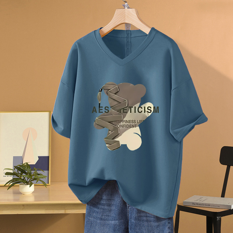 Летняя футболка Fat mm из хлопка с V-образным вырезом и короткими рукавами bear, женская свободная и тонкая одежда большого размера, трендовая универсальная одежда
