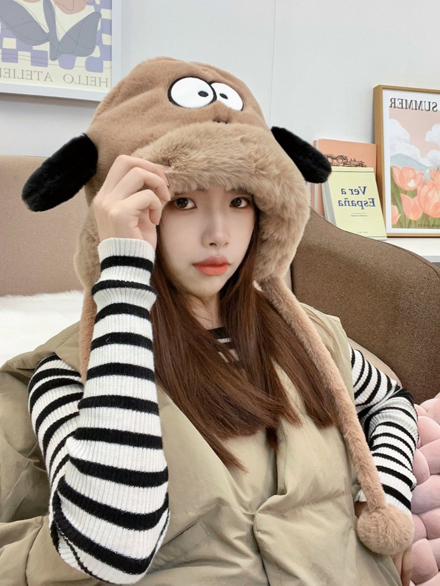 Cartoon Cute Puppy Hat for Women, Autumn and Winter Plush Thickened Warm Ear-Protecting Hat, Korean Style Versatile Pullover Lei Feng Hat