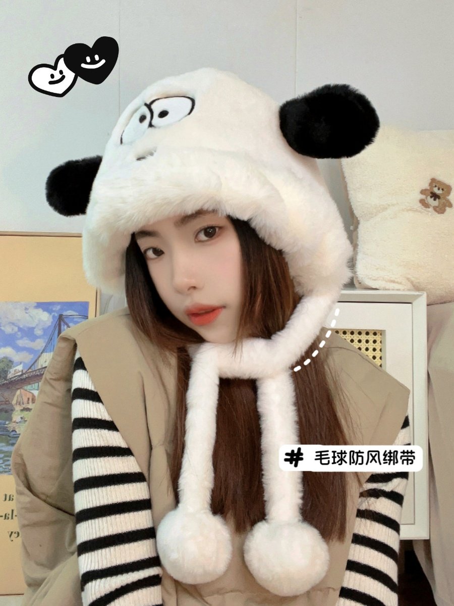Cartoon Cute Puppy Hat for Women, Autumn and Winter Plush Thickened Warm Ear-Protecting Hat, Korean Style Versatile Pullover Lei Feng Hat