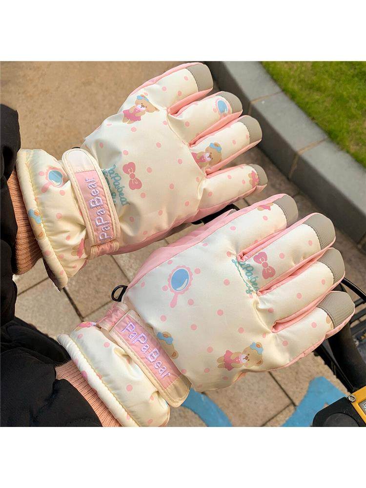 Beige Cute Bear Ski Gloves for Women, Winter Korean Style, Warm, Fleece-Lined, Thickened, Outdoor Windproof, Cold-Proof, Trendy for Cycling