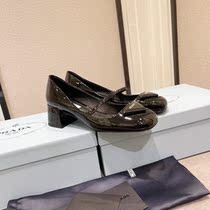 Prada PRADA new round head coarse heel women shoes inverted triangle metal logo sandals rear empty high heel shoes