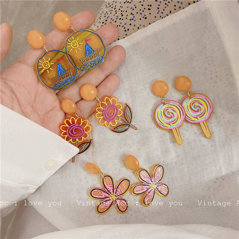 Korean ins temperament simple and versatile fun color hand-painted acrylic flower candy earrings earrings ear clip female