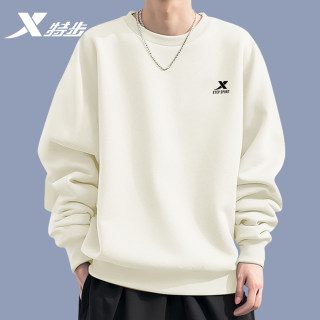 特步卫衣男士冬季新款圆领白色套头青少年加绒旗舰运动长袖男装