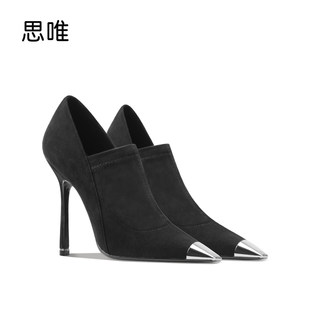 金属铁头黑色绒面时装靴女2025年秋冬方头方根新款短靴通勤瘦瘦靴
