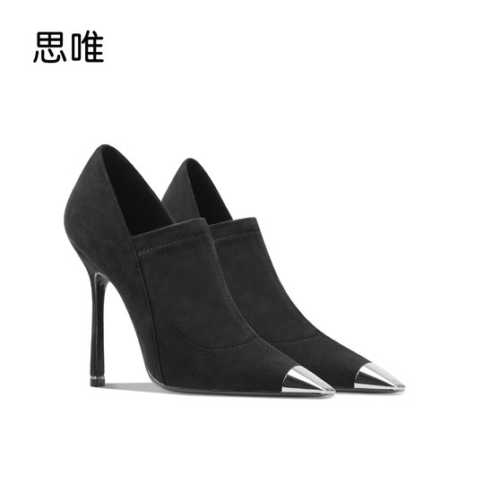 金属铁头黑色绒面时装靴女2025年秋冬方头方根新款短靴通勤瘦瘦靴