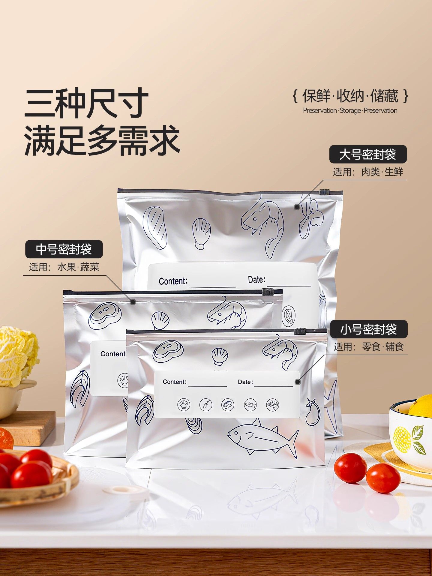 Refrigerator Aluminum Foil Fresh-Keeping Bag, Food-Grade Self-Sealing Bag, Aluminum-Titanium Foil Antibacterial Sealing Bag, Freezer Storage Bag