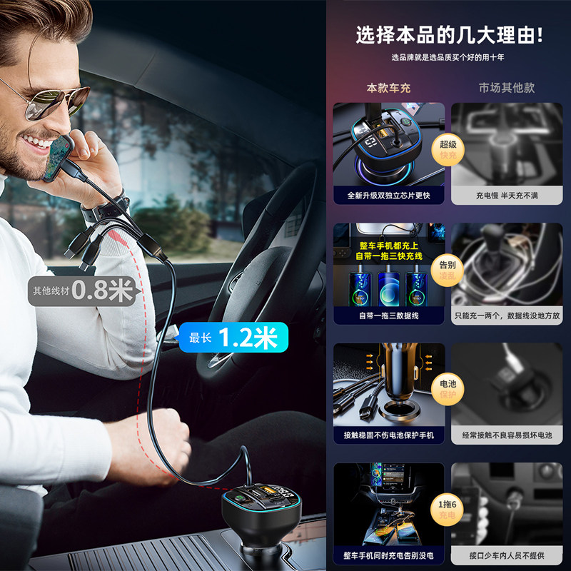 Car Charger Bluetooth Mp3 Receiver Comes with One-To-Three Cable, Universal for Cars, Multi-Functional USB Super Fast Charging