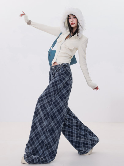 Abwlr British Style Leisure - Original American Plaid Woolen Adjustable Buckle Wide-Leg Jeans for Women, Loose Straight Pants