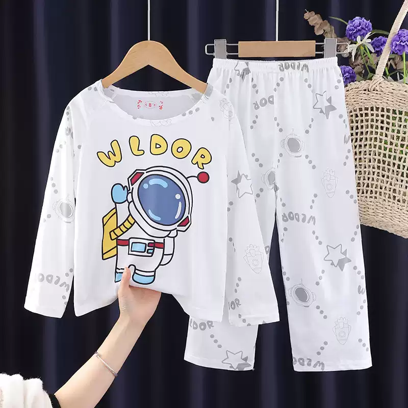 Bộ đồ ngủ trẻ em cho bé trai xuân thu dài tay cotton nguyên chất phần mỏng bé trai 12 và 15 tuổi quần áo mặc ở nhà bộ đồ cotton