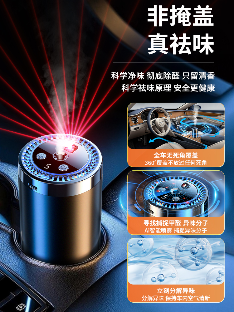 <!--车载空气净化器车用消除异味去甲醛车内加湿器雾化香氛智能香薰机-->