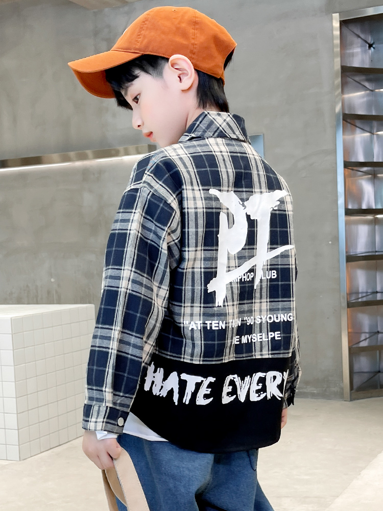 Big boy plaid shirt autumn clothes children's shirt jacket 2022 spring and autumn new trendy brand Korean version fried street boy