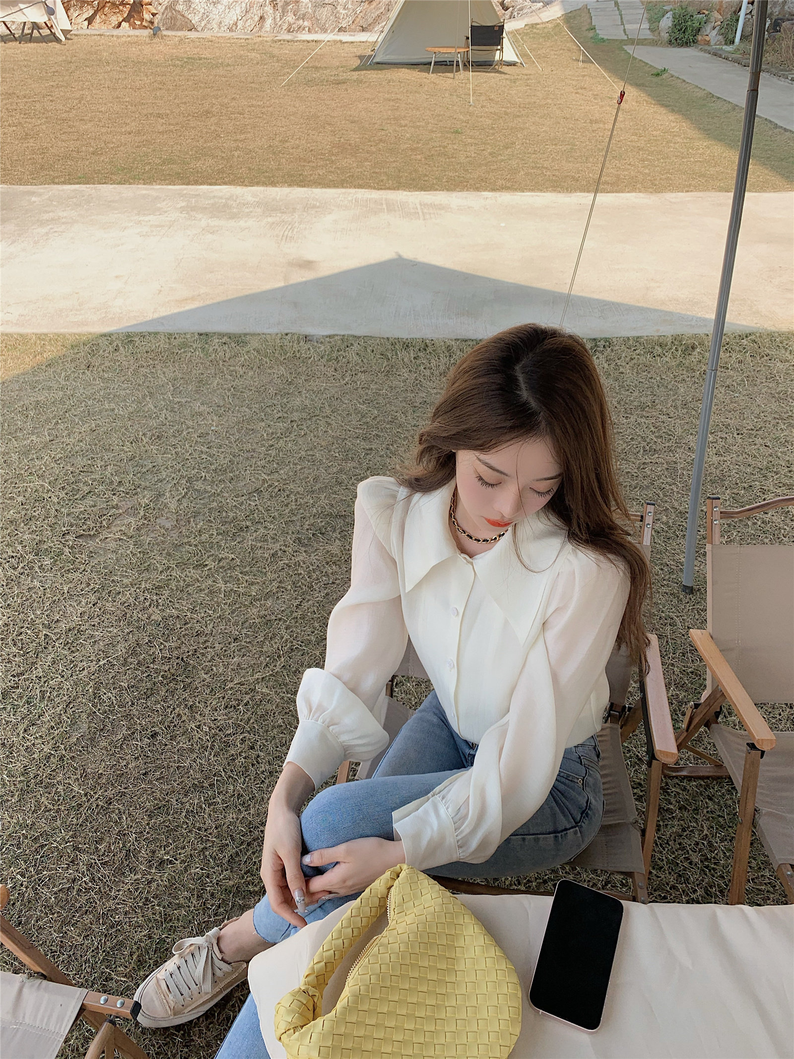 Style Temperament Tencel Blend Shirt Woman Spring Summer New Retro Bubble Cuff 100 lap long sleeves Don't give blouses blouse