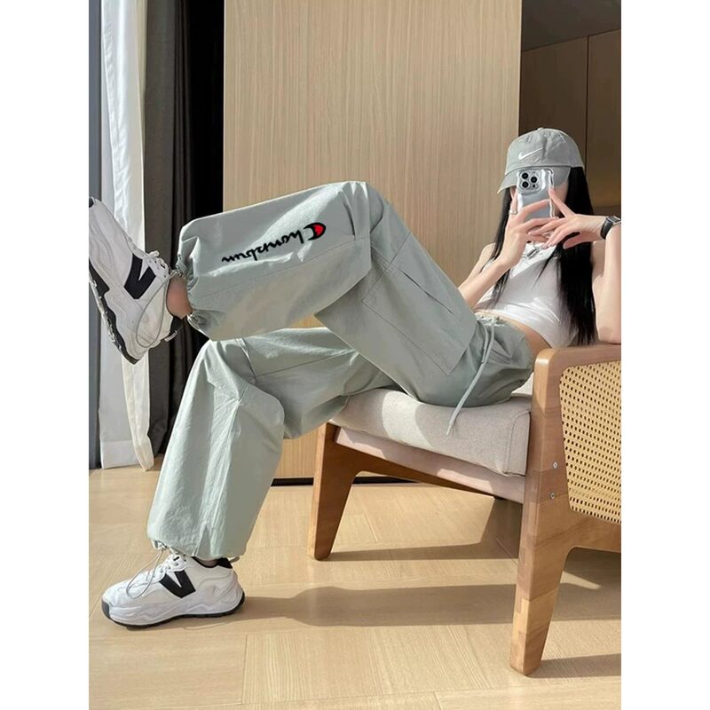 Jogging Champion American-Style Quick-Dry Work Pants for Women, Summer Thin Loose Casual Wide-Leg Ice Silk Sun-Protection Sports Parachute Pants