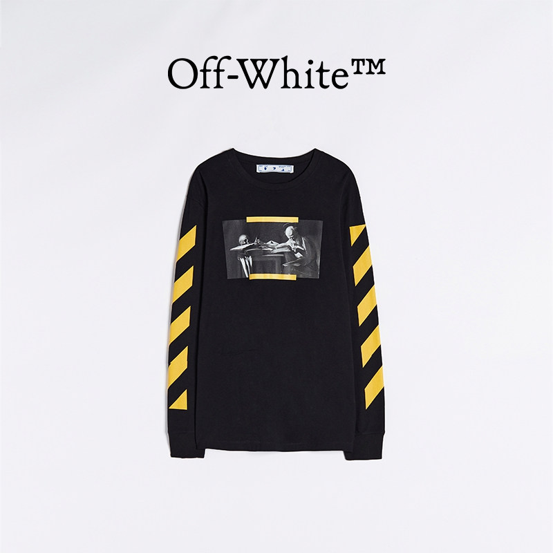 OFF - White Men Black Caravaggio Oil - paint printed slope stripes long sleeve collar T - shirt