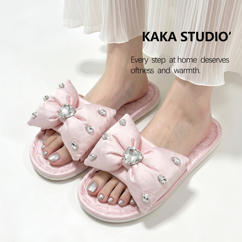 Sweet Internet Celebrity Style Handmade Heart-Shaped Rhinestone Bow Home Slippers for Women, Spring and Summer, All-Season Non-Slip Soft Sole Slide Slippers Sweet Internet Celebrity Style Handmade Heart-Shaped Rhinestone Bow Home Slippers for Women, Spring and Summer, All-Season Non-Slip Soft Sole Slide Slippers