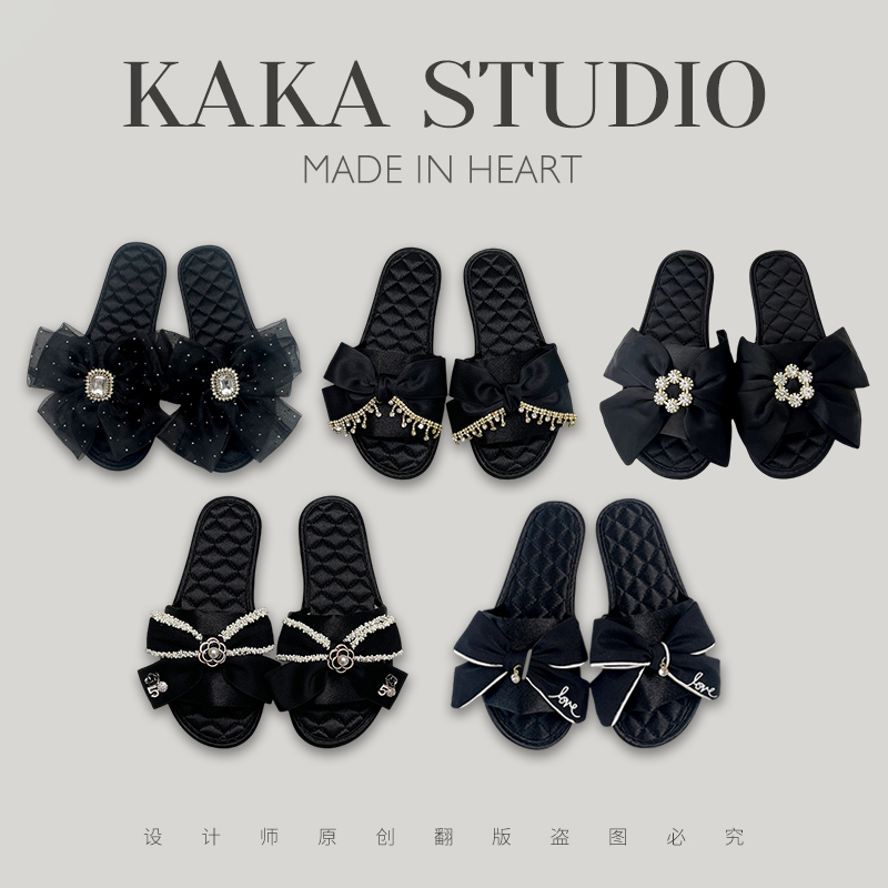 Elegant and Versatile Black Bow-Knot Satin Slippers for Women, Spring and Summer Non-Slip Soft-Soled Flat Home Slippers