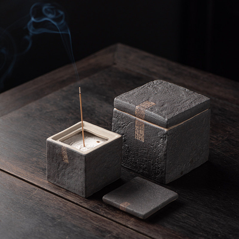 The so-called box Japanese-style Wasabi-style incense burner incense seat coarse pottery incense insert Zen square box incense burner agarwood white sandalwood dish