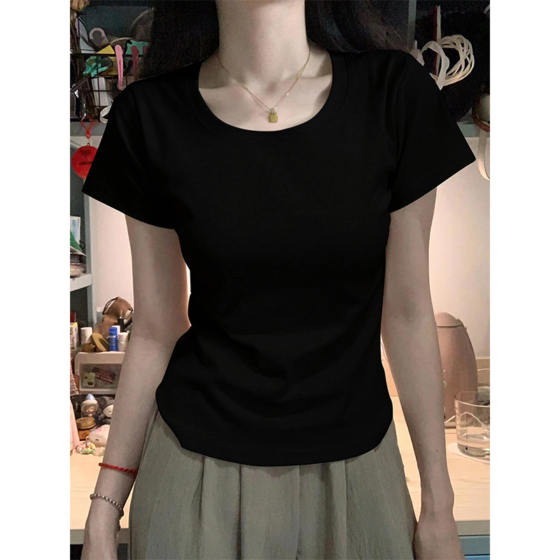 American-Style Spicy Girl Round-Neck Black Regular Shoulder Pure Cotton Short-Sleeve T-Shirt for Women, New Summer Slim-Fit Plus-Size Slimming Top Trendy American-Style Spicy Girl Round-Neck Black Regular Shoulder Pure Cotton Short-Sleeve T-Shirt for Women, New Summer Slim-Fit Plus-Size Slimming Top Trendy