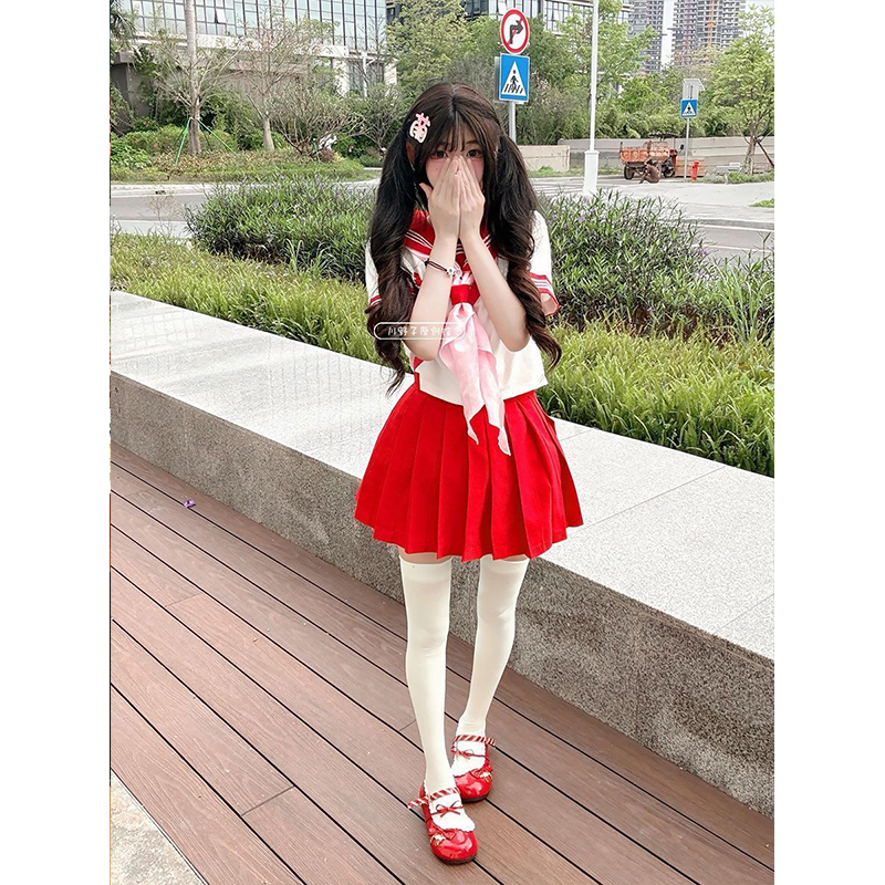 New 2026 Niche Versatile Fashion School-Style Red Three-Striped Long and Short Sleeve Top Japanese Style Red Jk Skirt Two-Piece Set