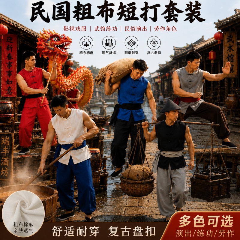Republic of China Era Performance Costumes Dock Worker Clothing Sleeveless Martial Arts Performance Clothing Horse Carriage Driver Cattle Herder Clothing Flower Carriage Carrier Republic of China Era Performance Costumes Dock Worker Clothing Sleeveless Martial Arts Performance Clothing Horse Carriage Driver Cattle Herder Clothing Flower Carriage Carrier