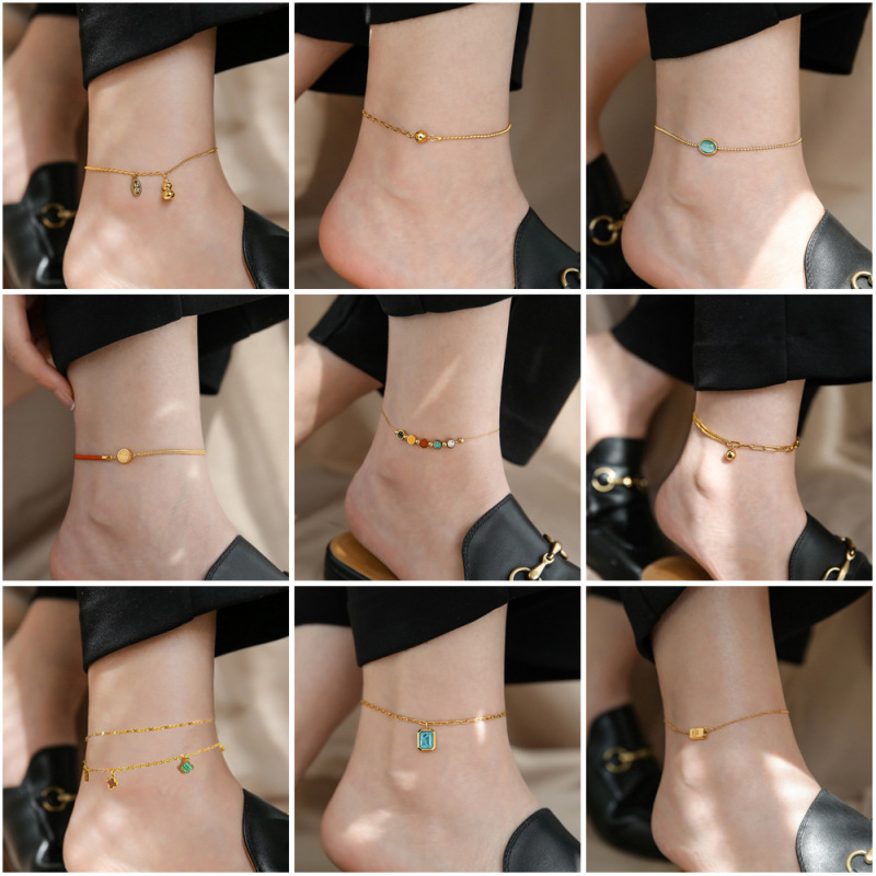 Non-Fading New Simple Titanium Steel Anklet for Girls, High-End Red String with the Character for Blessing, Summer Fashion Light Luxury Heart-Shaped Foot Accessory