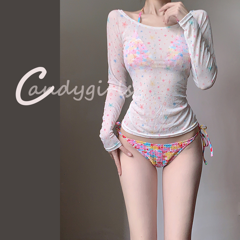 Candygirls 2024 新しい花柄長袖日焼け止めビキニ スリーピース ハイエンド貧乳セクシー水着