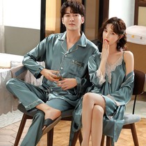Spring Autumn Couple Ice Silk Sleepwear Womens Sleep Dress Sleepwear Pajamas Two Suits Korean Version Sweet Mens Silk Home Clothes