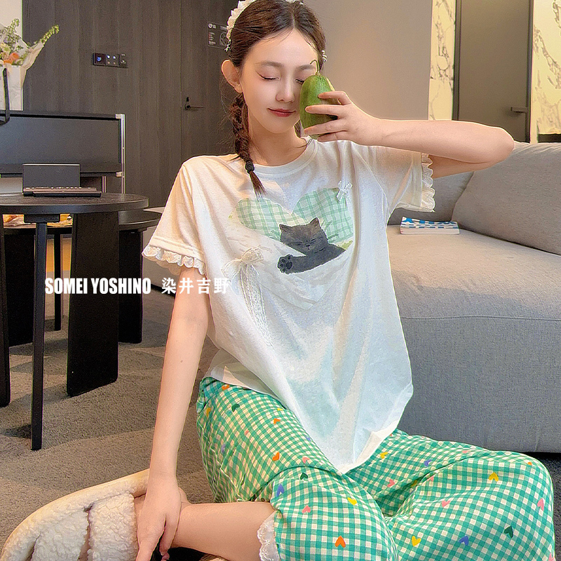 Japan Somei Yoshino Plaid Cat Home Wear Pure Cotton Spring and Summer Pajamas Women's Set Casual Plus Size